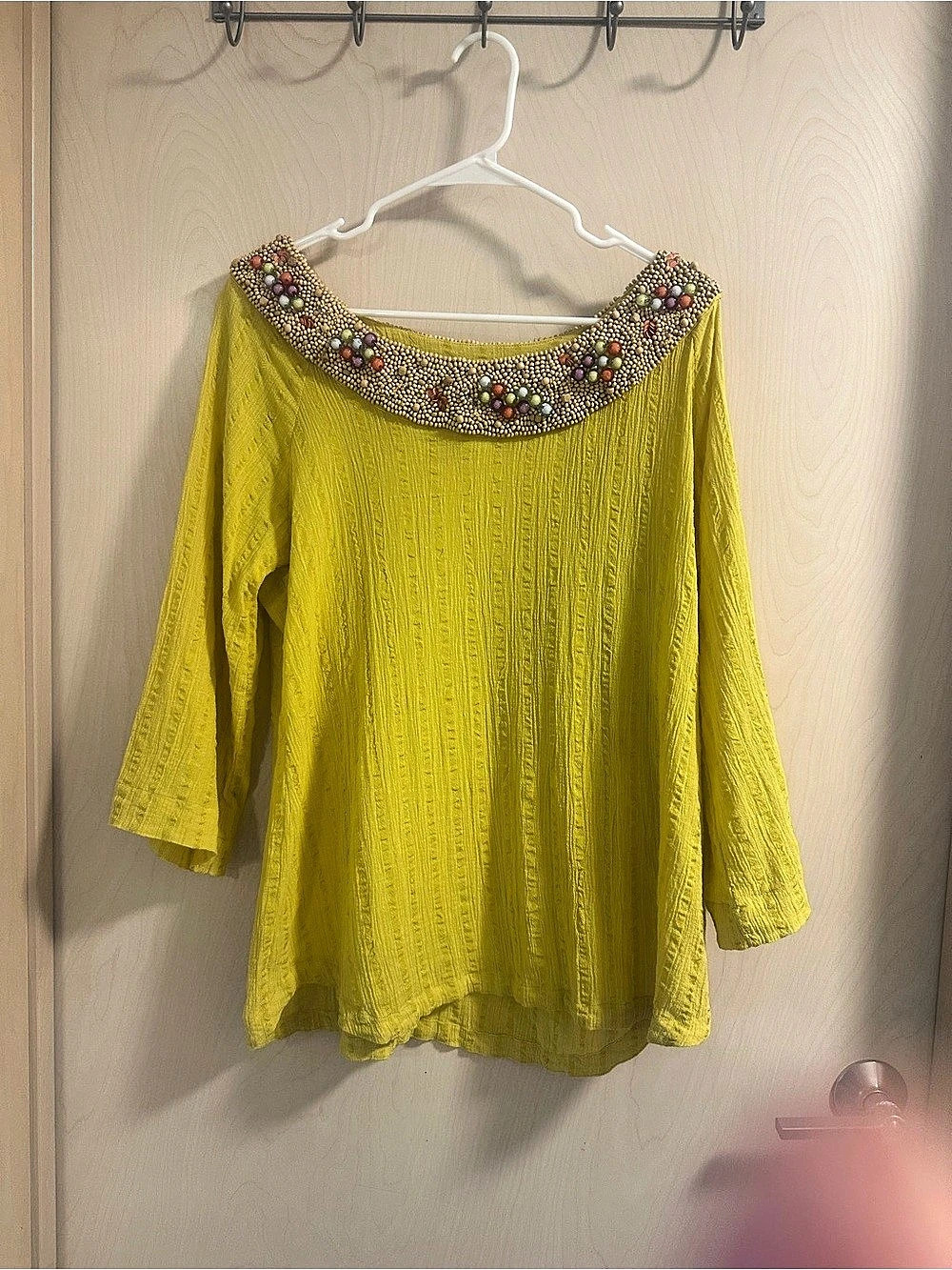 Soft Surroundings Shirt Womens Sz 1x Yellow Pullover Top Beaded Neck Boho Top
